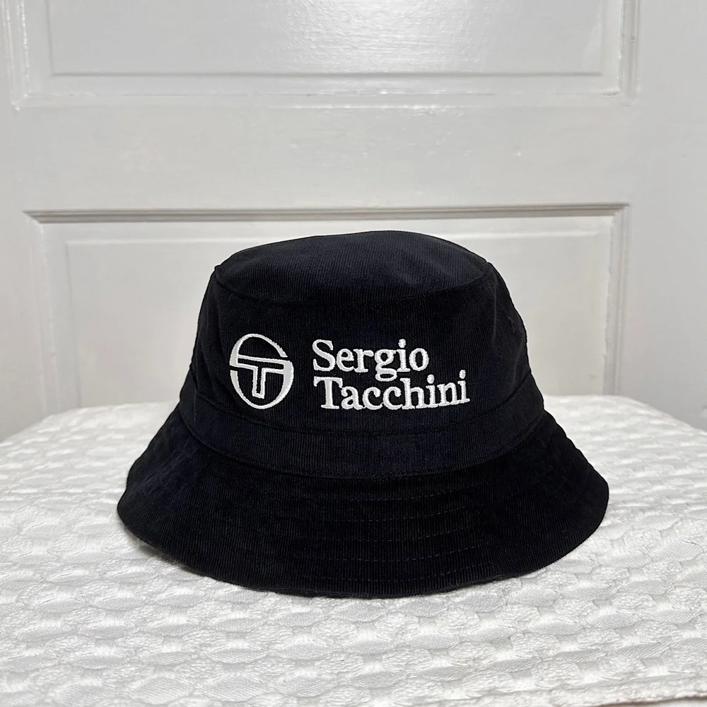 Sergio Tacchini Bucket Hat Embroidered ST Logo Black Corduroy Retro Festival NWT